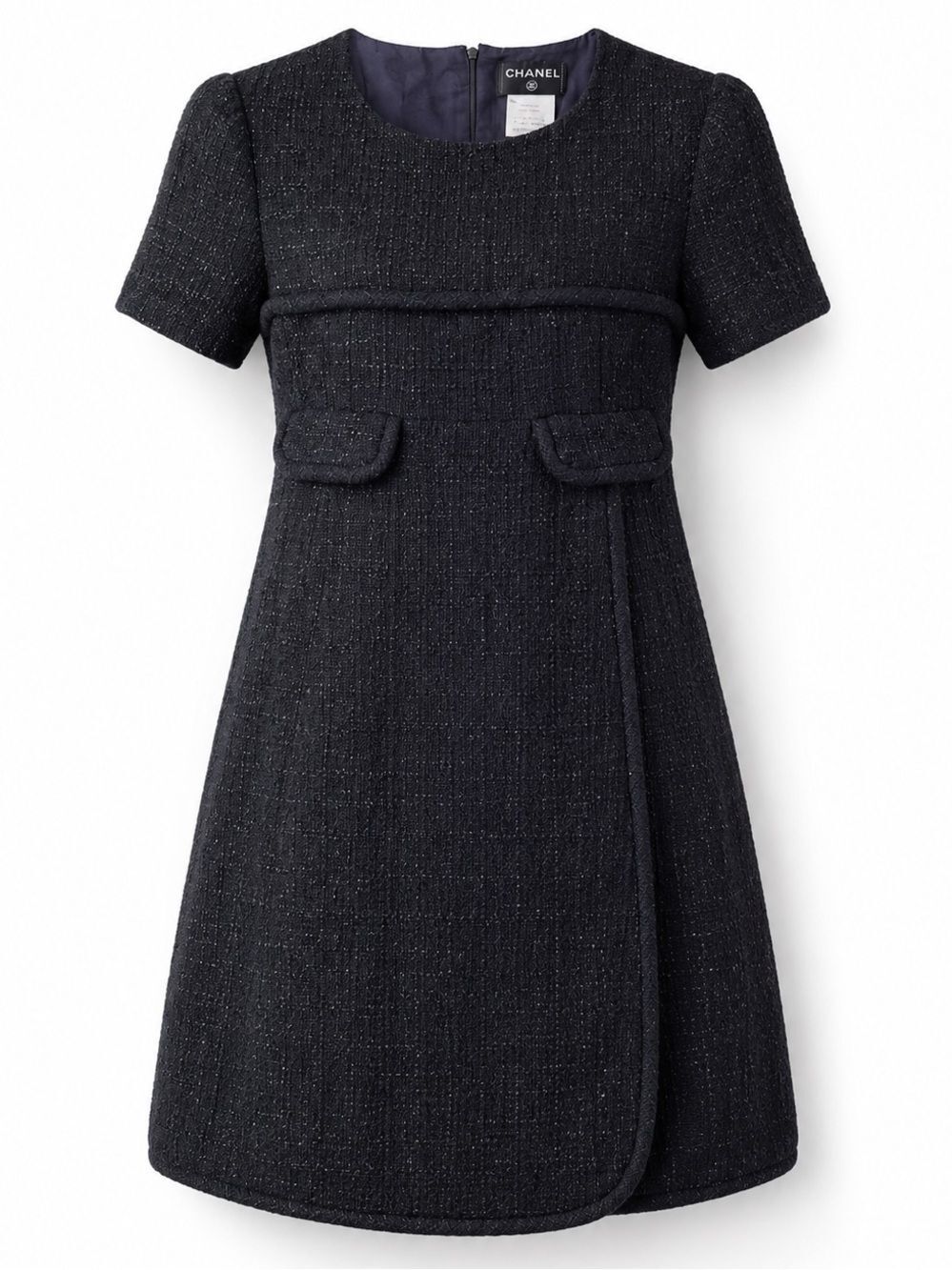 CHANEL Black Purple Lesage Tweed Short Sleeve Faux Wrap Dress‎ French 42 US 10